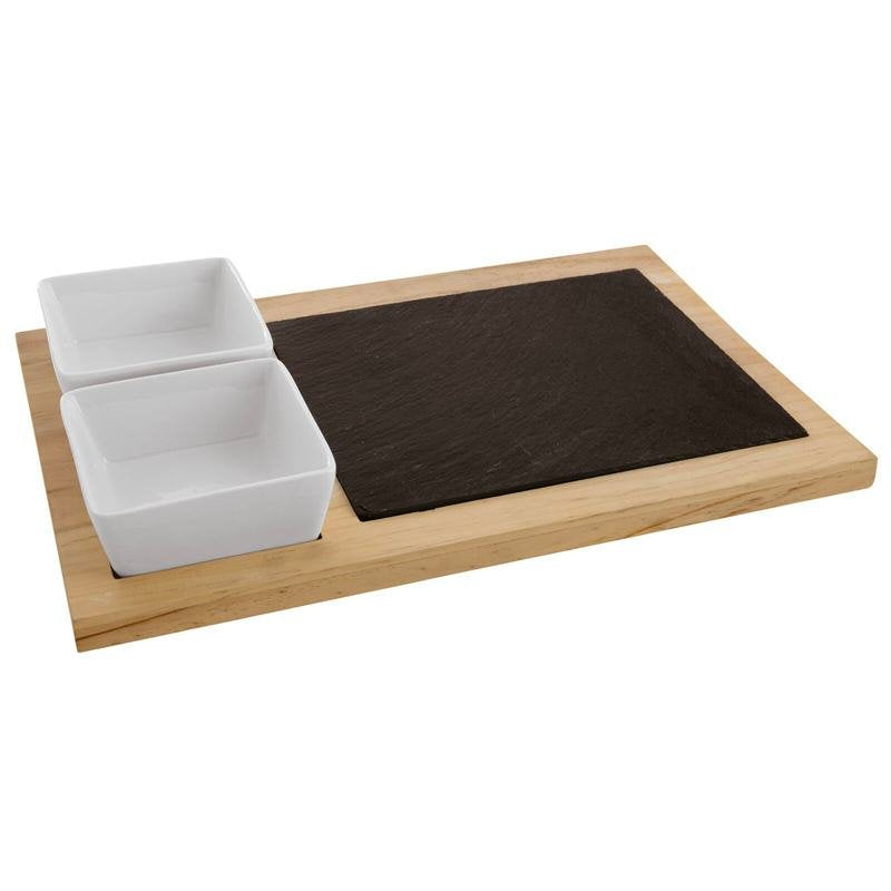 35x23 cm - Tableware Buffet & Display Vassoio In Legno Con 2 Ciotole In Ceramica e Piano In Ardesia