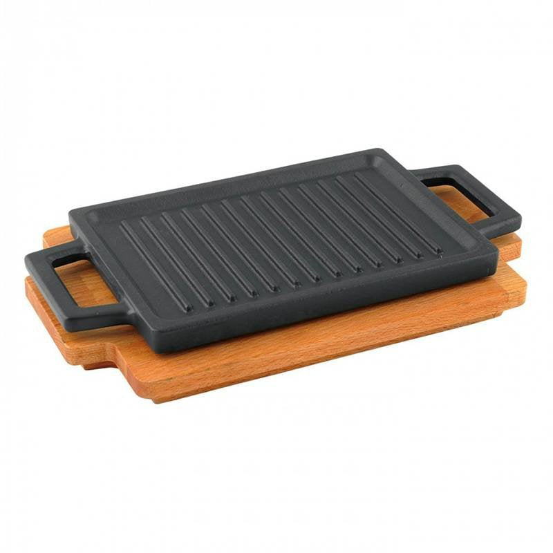 22x30 cm - Bistecchiera Grill Rettangolare In Ghisa Smaltata Con Supporto In Legno