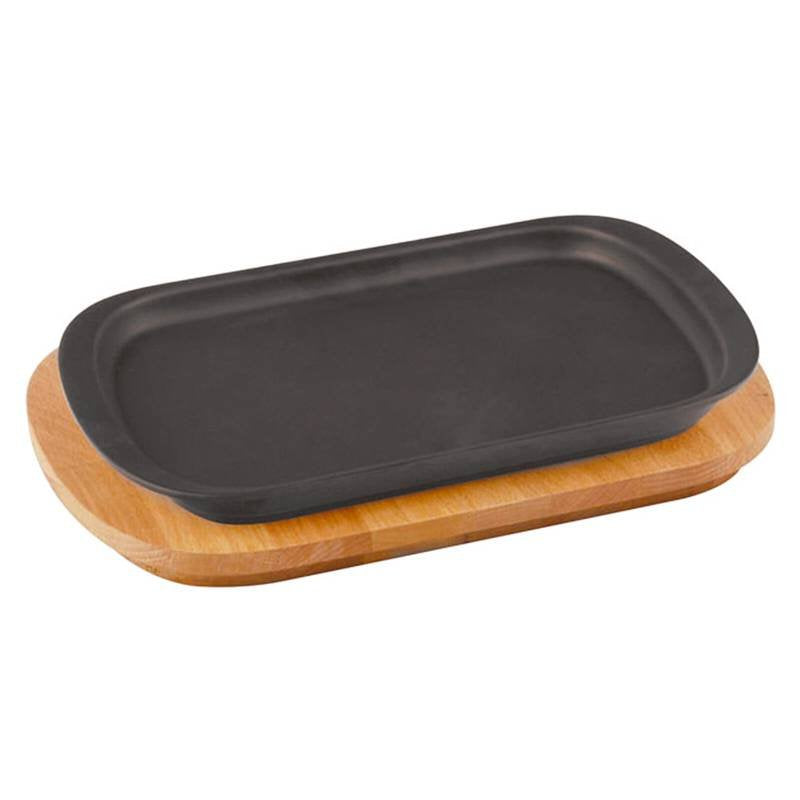 32x20 cm - Cast Iron Cookware Piatto In Ghisa Con Supporto In Legno