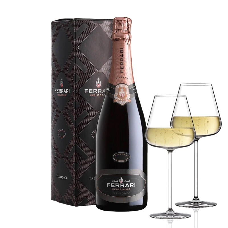 Perlé Rosè Riserva Trento DOC 2016 Astucciato Cantine Ferrari  - Set 2 Calici Italesse Etoile Sparkle 48 cl