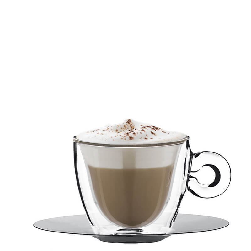 16.5 cl - Thermic Glass Tazza Cappuccino Doppia Parete Con Piattino In Acciaio - Set 2 Pz